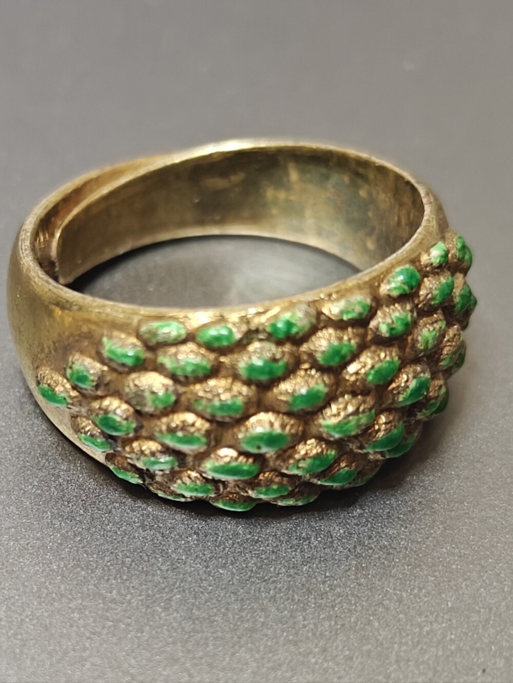 Vintage Modernist Gold Over Silver Ring Chinese Export Green Enamel